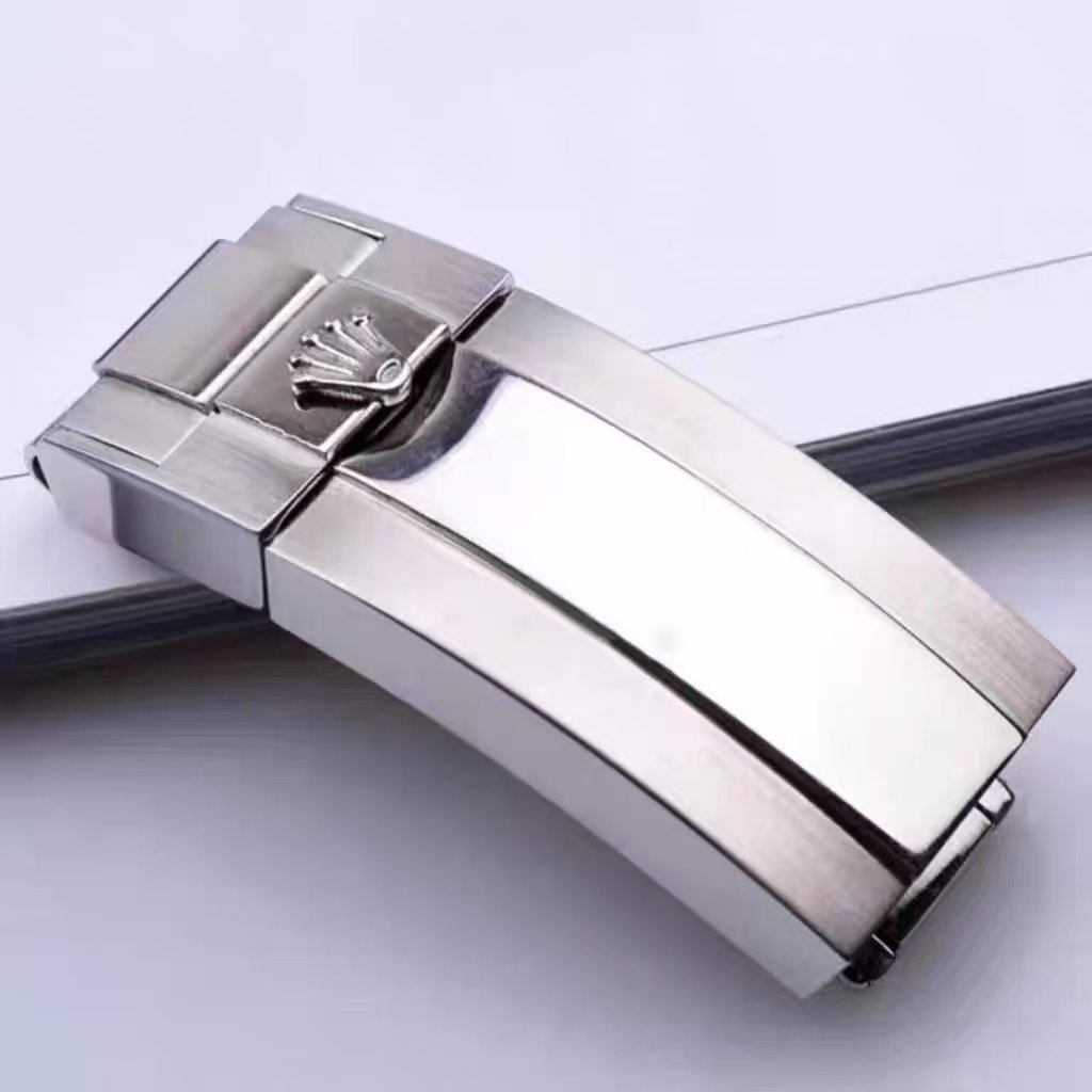 Stainless steel crown-logo deployant clasp for Rolex, angled studio view