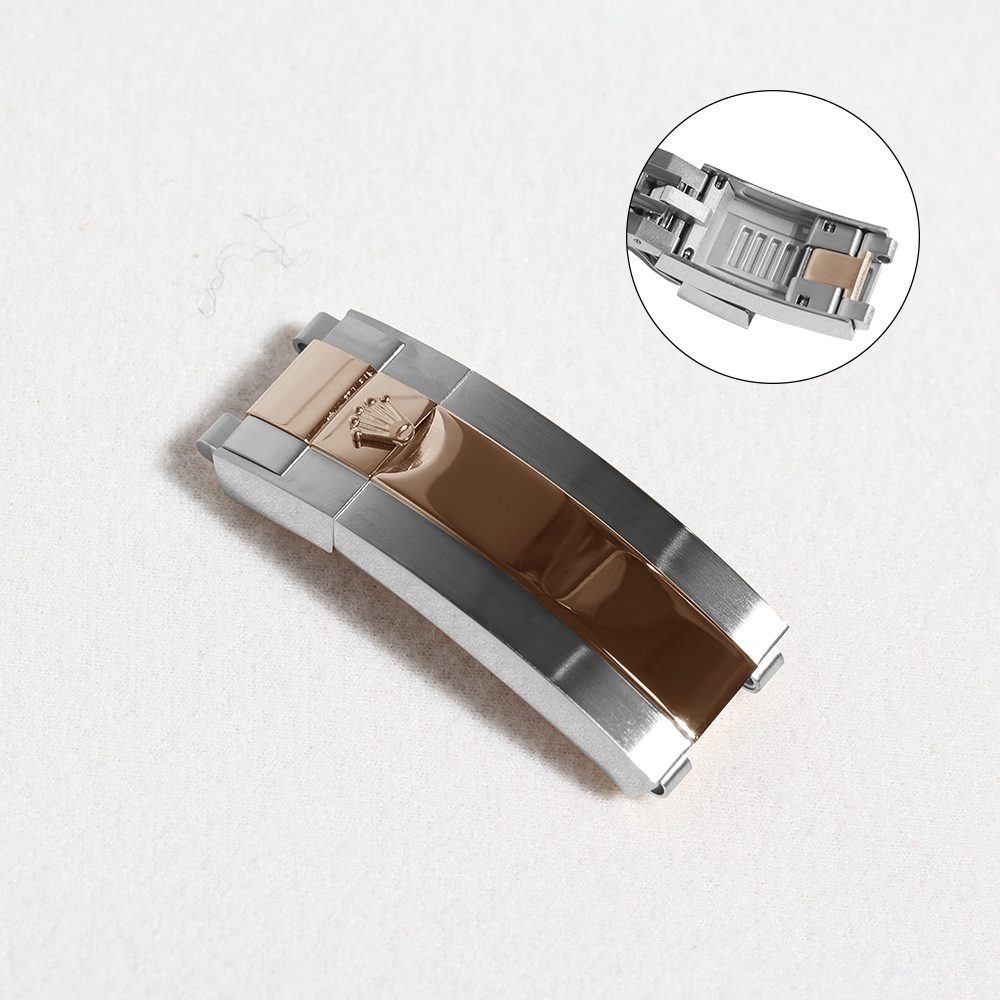 Steel and rose-gold two-tone crown-logo deployant clasp for Rolex